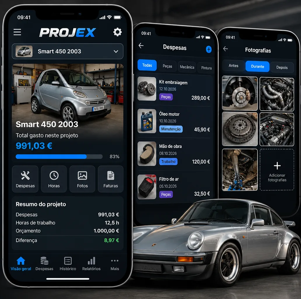Ecrãs da app PROJEX: resumo do projeto Smart 450 com 991,03 € gastos, lista de despesas e galeria de fotografias